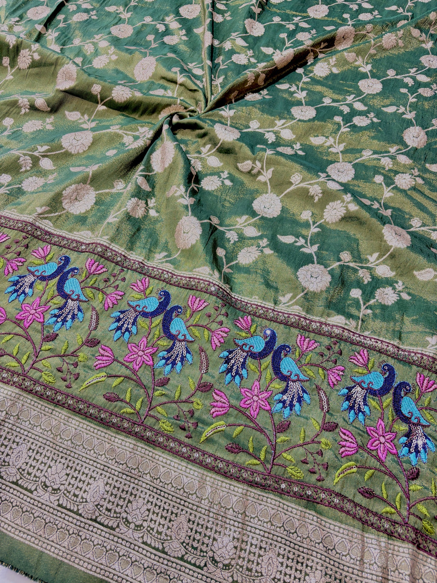 Banarasi Jacquard Silk Fabric with Peacock Embroidery Border | Floral Zari Design Fabric for Saree, Lehenga, Dupatta & Gown 44-45 width panna