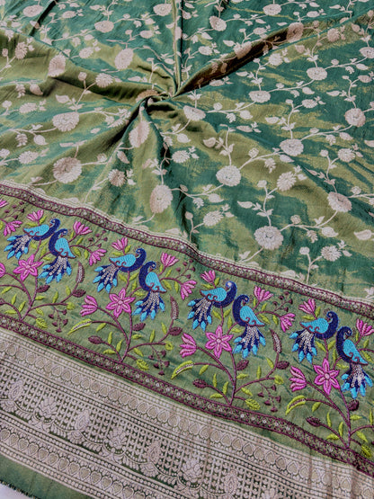 Banarasi Jacquard Silk Fabric with Peacock Embroidery Border | Floral Zari Design Fabric for Saree, Lehenga, Dupatta & Gown 44-45 width panna