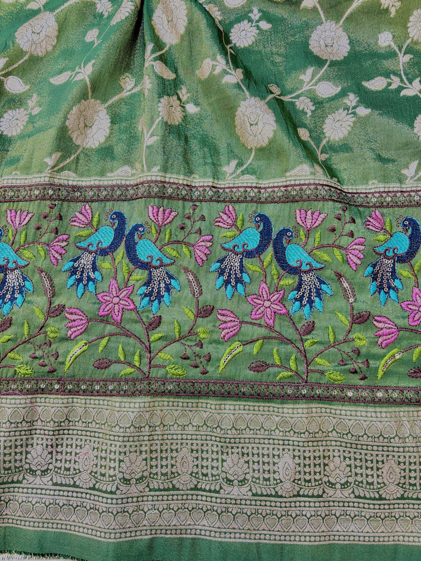 Banarasi Jacquard Silk Fabric with Peacock Embroidery Border | Floral Zari Design Fabric for Saree, Lehenga, Dupatta & Gown 44-45 width panna