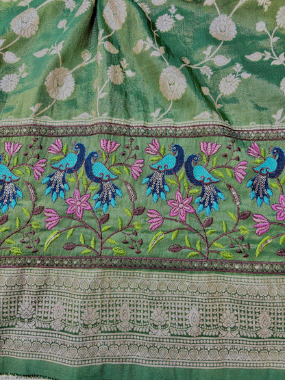 Banarasi Jacquard Silk Fabric with Peacock Embroidery Border | Floral Zari Design Fabric for Saree, Lehenga, Dupatta & Gown 44-45 width panna