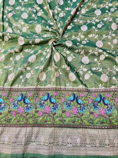 Banarasi Jacquard Silk Fabric with Peacock Embroidery Border | Floral Zari Design Fabric for Saree, Lehenga, Dupatta & Gown 44-45 width panna
