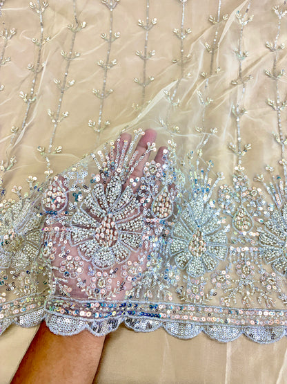 Heavy Sequin handwork net Embroidered Net Fabric for, Saree, Gown & Lehenga Design – Pink Base Designer Embroidery Fabric 50 width panna