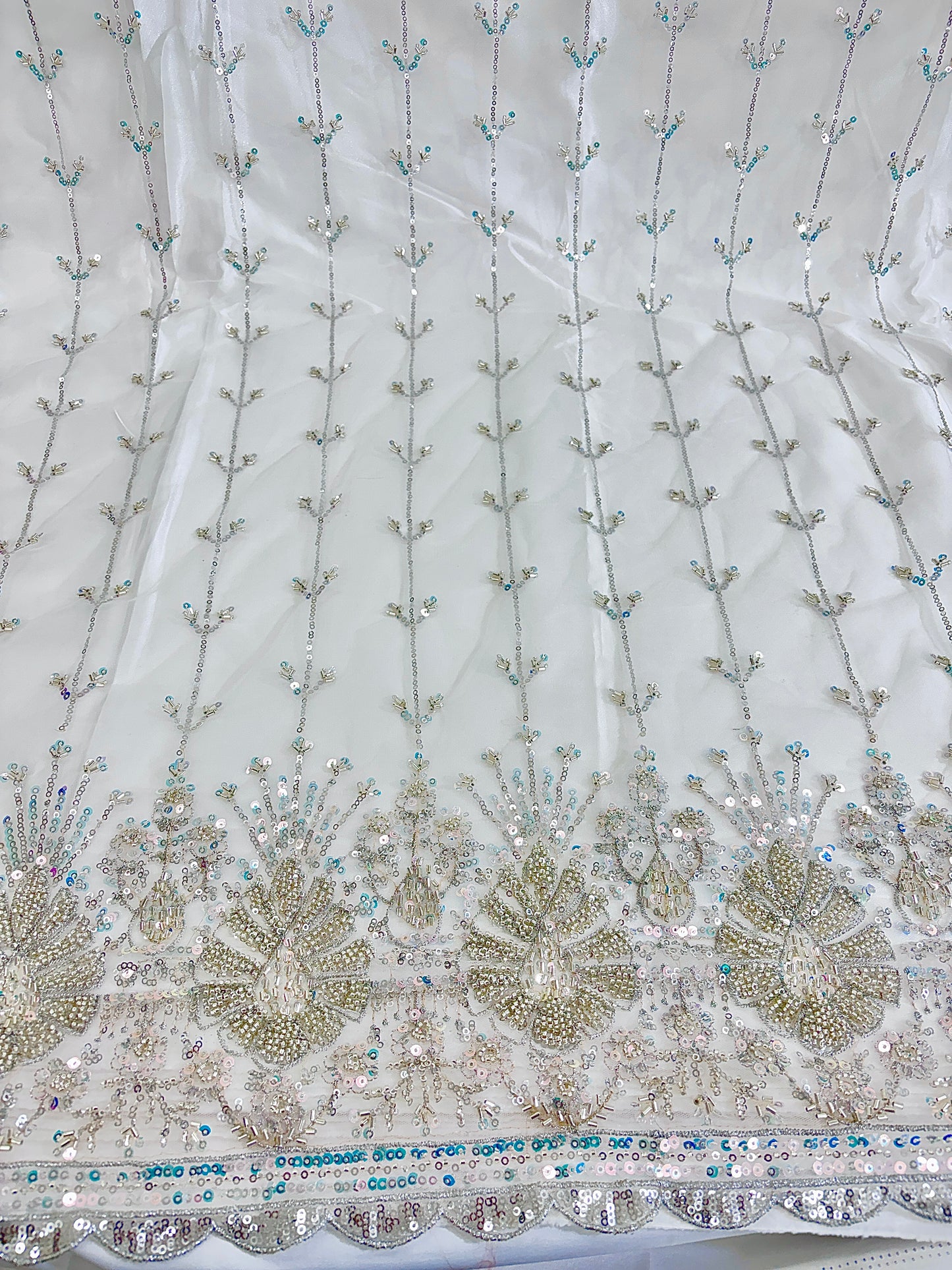 Heavy Sequin handwork net Embroidered Net Fabric for, Saree, Gown & Lehenga Design – Pink Base Designer Embroidery Fabric 50 width panna