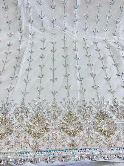 Heavy Sequin handwork net Embroidered Net Fabric for, Saree, Gown & Lehenga Design – Pink Base Designer Embroidery Fabric 50 width panna