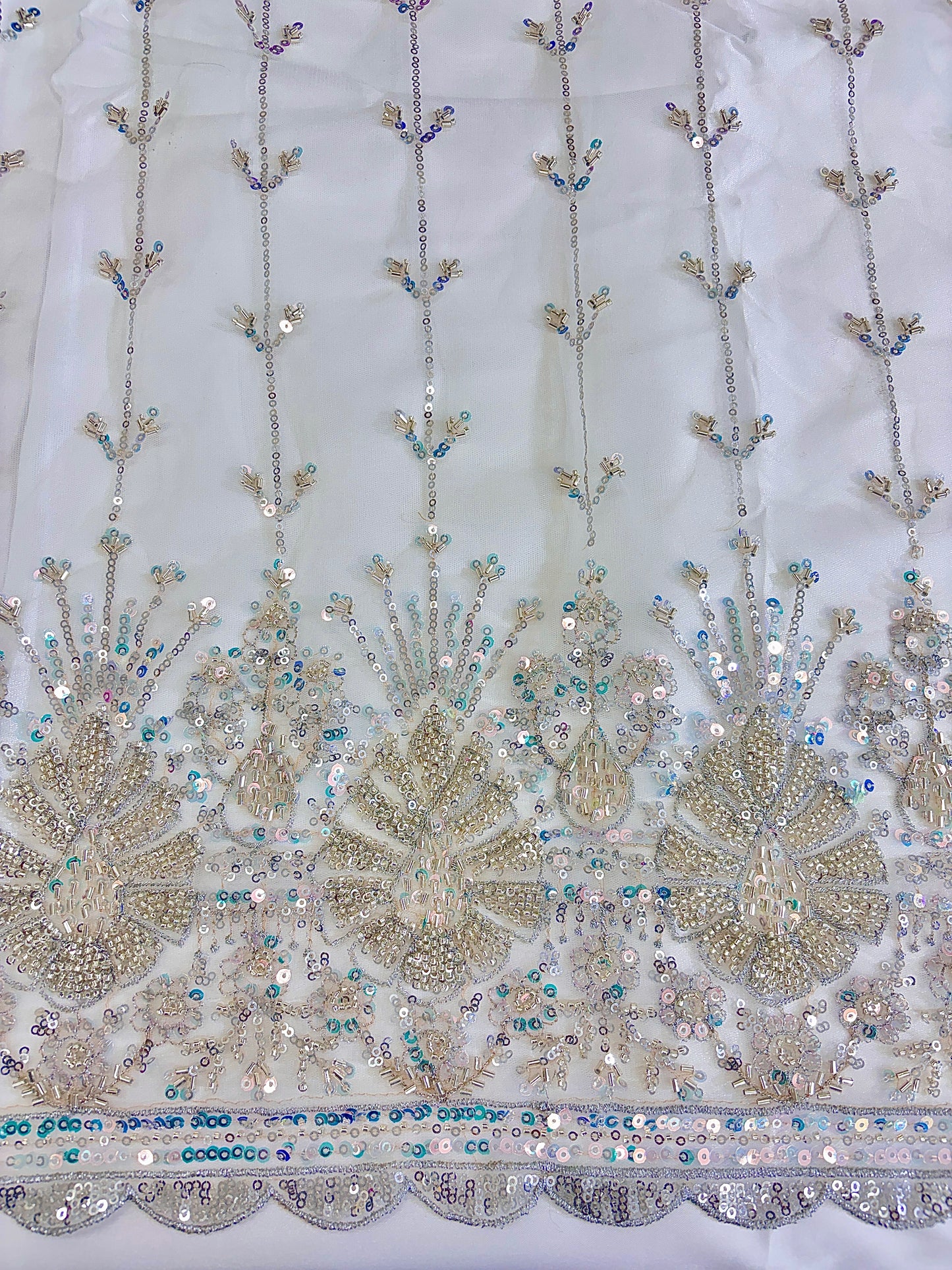 Heavy Sequin handwork net Embroidered Net Fabric for, Saree, Gown & Lehenga Design – Pink Base Designer Embroidery Fabric 50 width panna