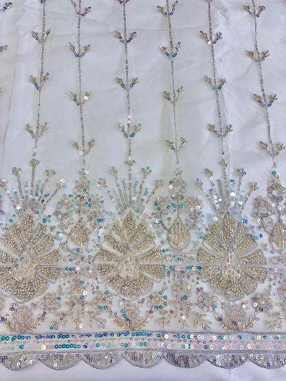 Heavy Sequin handwork net Embroidered Net Fabric for, Saree, Gown & Lehenga Design – Pink Base Designer Embroidery Fabric 50 width panna