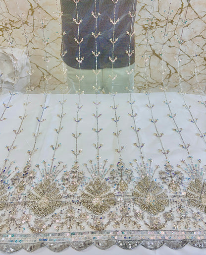 Heavy Sequin handwork net Embroidered Net Fabric for, Saree, Gown & Lehenga Design – Pink Base Designer Embroidery Fabric 50 width panna