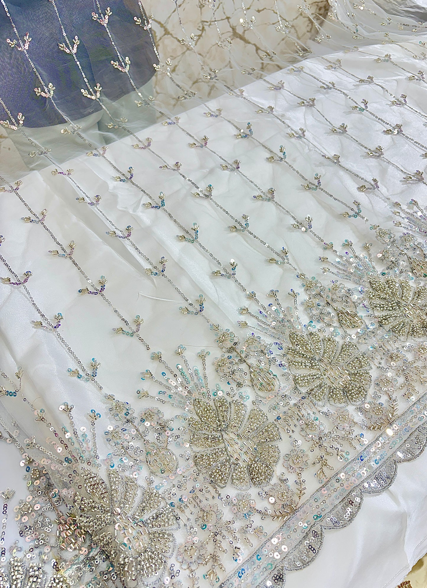 Heavy Sequin handwork net Embroidered Net Fabric for, Saree, Gown & Lehenga Design – Pink Base Designer Embroidery Fabric 50 width panna