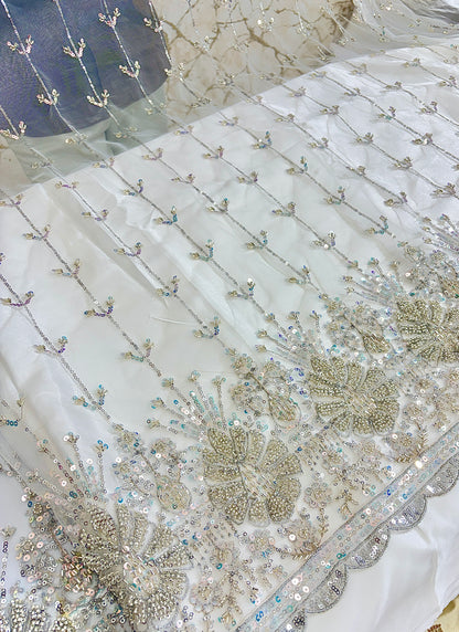 Heavy Sequin handwork net Embroidered Net Fabric for, Saree, Gown & Lehenga Design – Pink Base Designer Embroidery Fabric 50 width panna