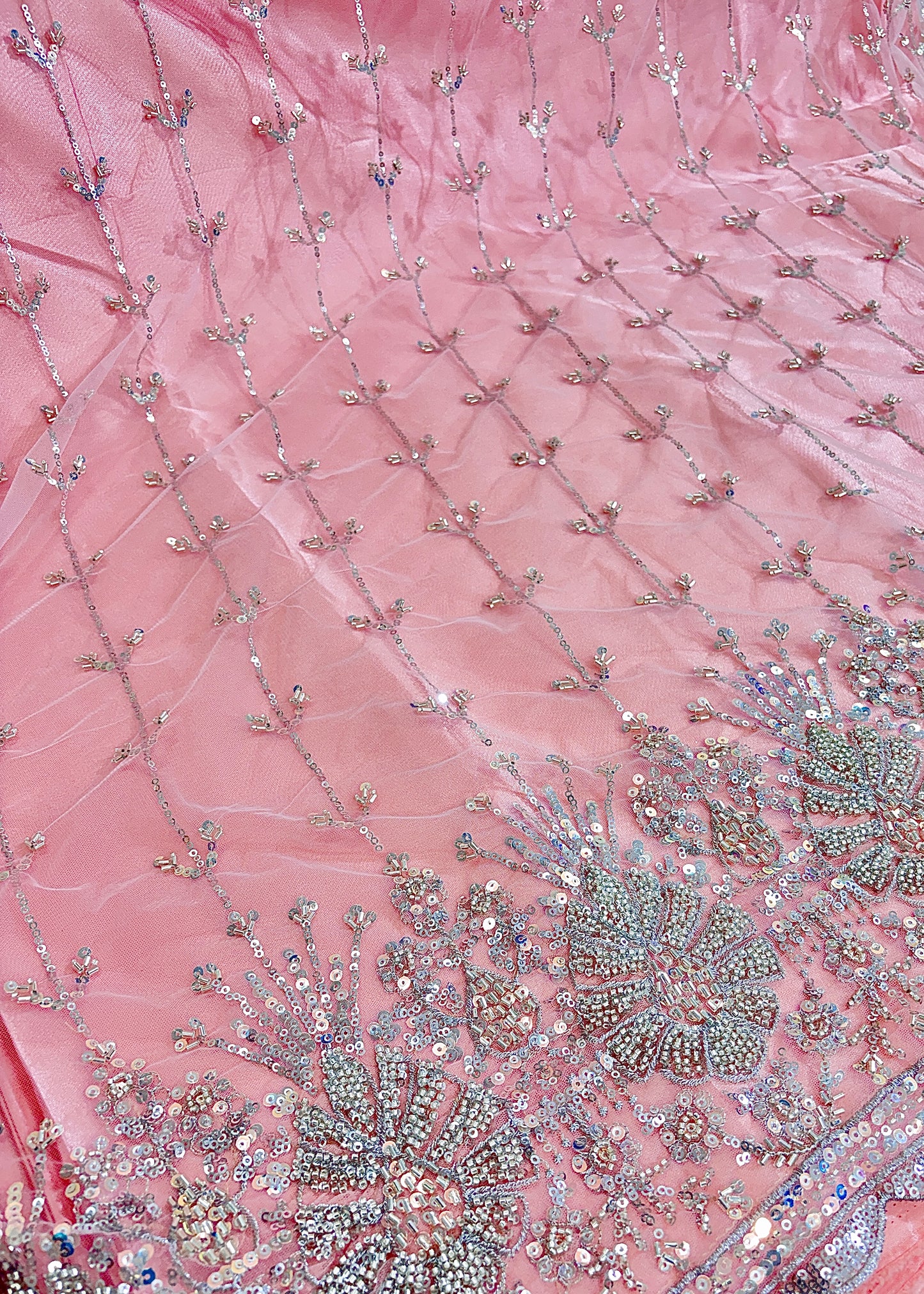 Heavy Sequin handwork net Embroidered Net Fabric for, Saree, Gown & Lehenga Design – Pink Base Designer Embroidery Fabric 50 width panna