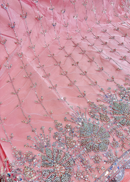 Heavy Sequin handwork net Embroidered Net Fabric for, Saree, Gown & Lehenga Design – Pink Base Designer Embroidery Fabric 50 width panna