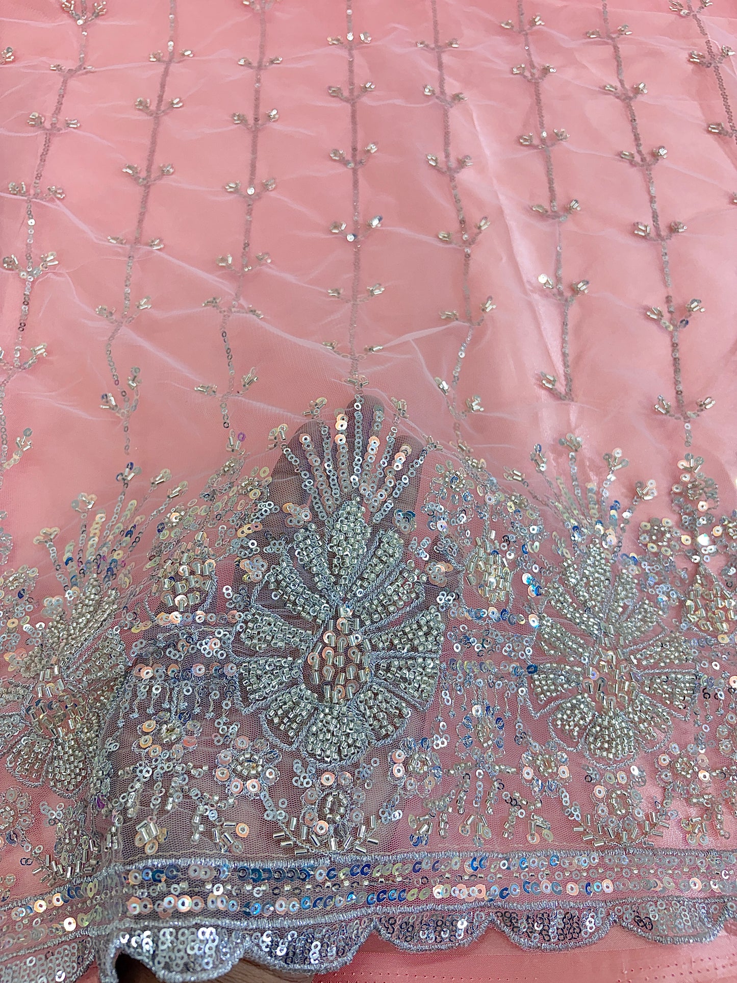 Heavy Sequin handwork net Embroidered Net Fabric for, Saree, Gown & Lehenga Design – Pink Base Designer Embroidery Fabric 50 width panna