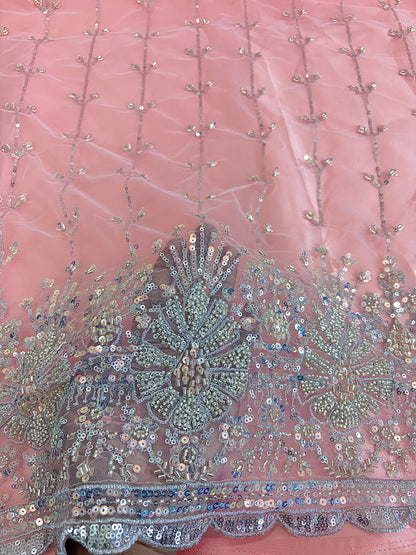 Heavy Sequin handwork net Embroidered Net Fabric for, Saree, Gown & Lehenga Design – Pink Base Designer Embroidery Fabric 50 width panna