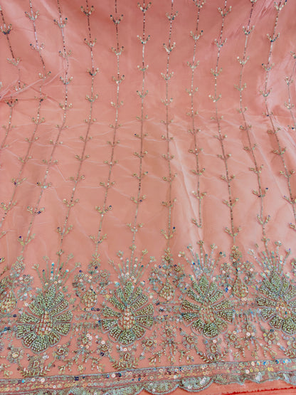 Heavy Sequin handwork net Embroidered Net Fabric for, Saree, Gown & Lehenga Design – Pink Base Designer Embroidery Fabric 50 width panna