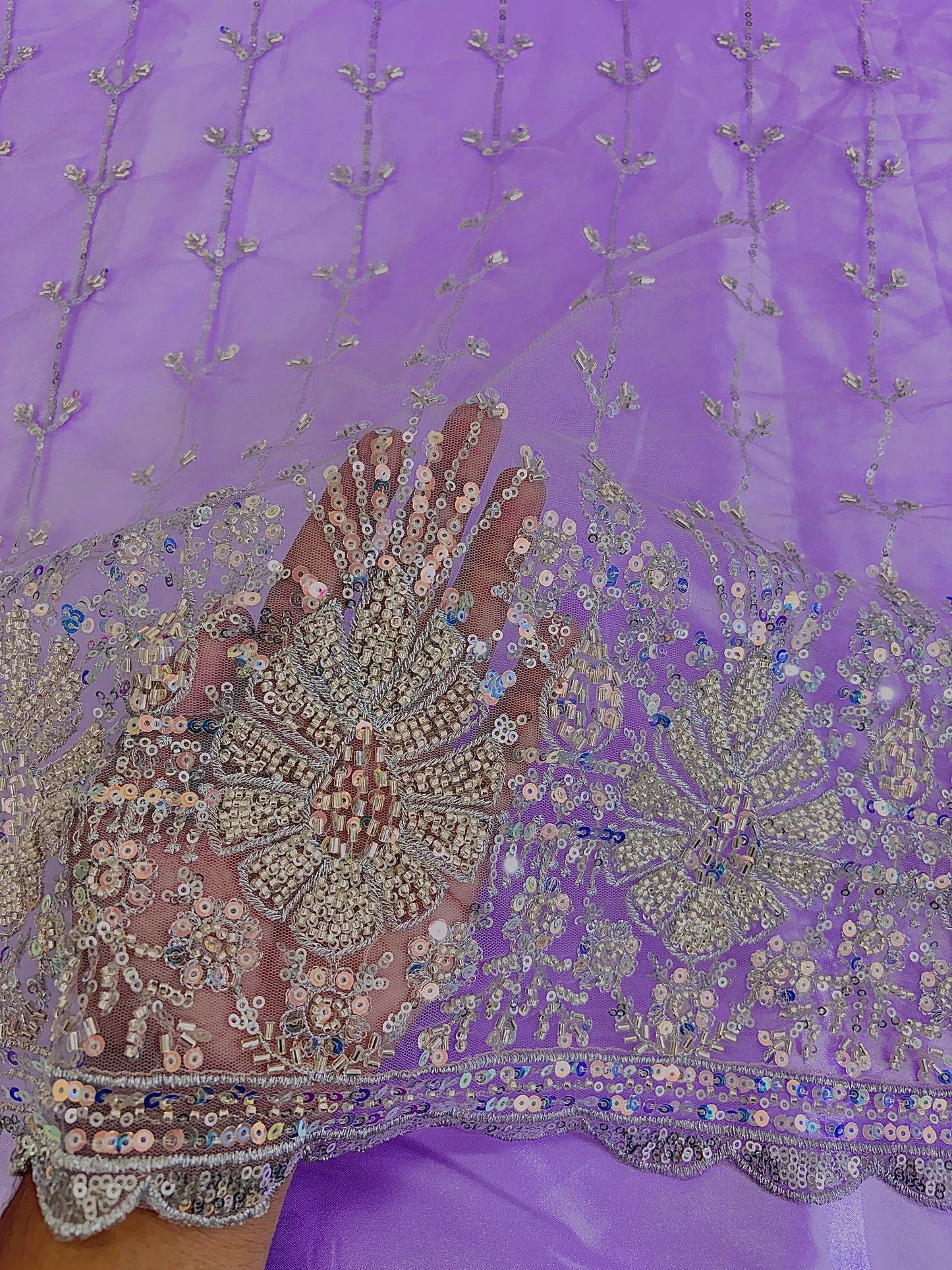 Heavy Sequin handwork net Embroidered Net Fabric for, Saree, Gown & Lehenga Design – Pink Base Designer Embroidery Fabric 50 width panna