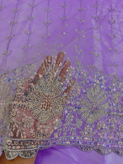 Heavy Sequin handwork net Embroidered Net Fabric for, Saree, Gown & Lehenga Design – Pink Base Designer Embroidery Fabric 50 width panna