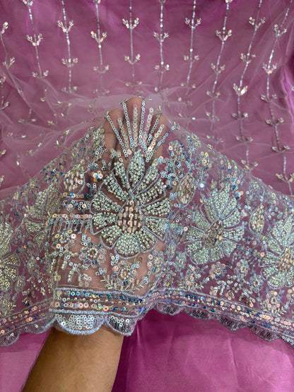 Heavy Sequin handwork net Embroidered Net Fabric for, Saree, Gown & Lehenga Design – Pink Base Designer Embroidery Fabric 50 width panna
