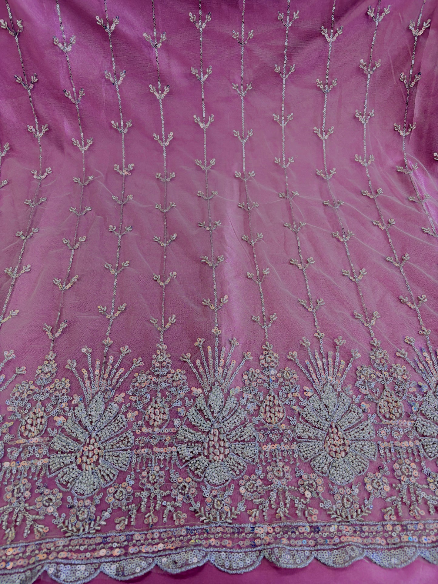 Heavy Sequin handwork net Embroidered Net Fabric for, Saree, Gown & Lehenga Design – Pink Base Designer Embroidery Fabric 50 width panna