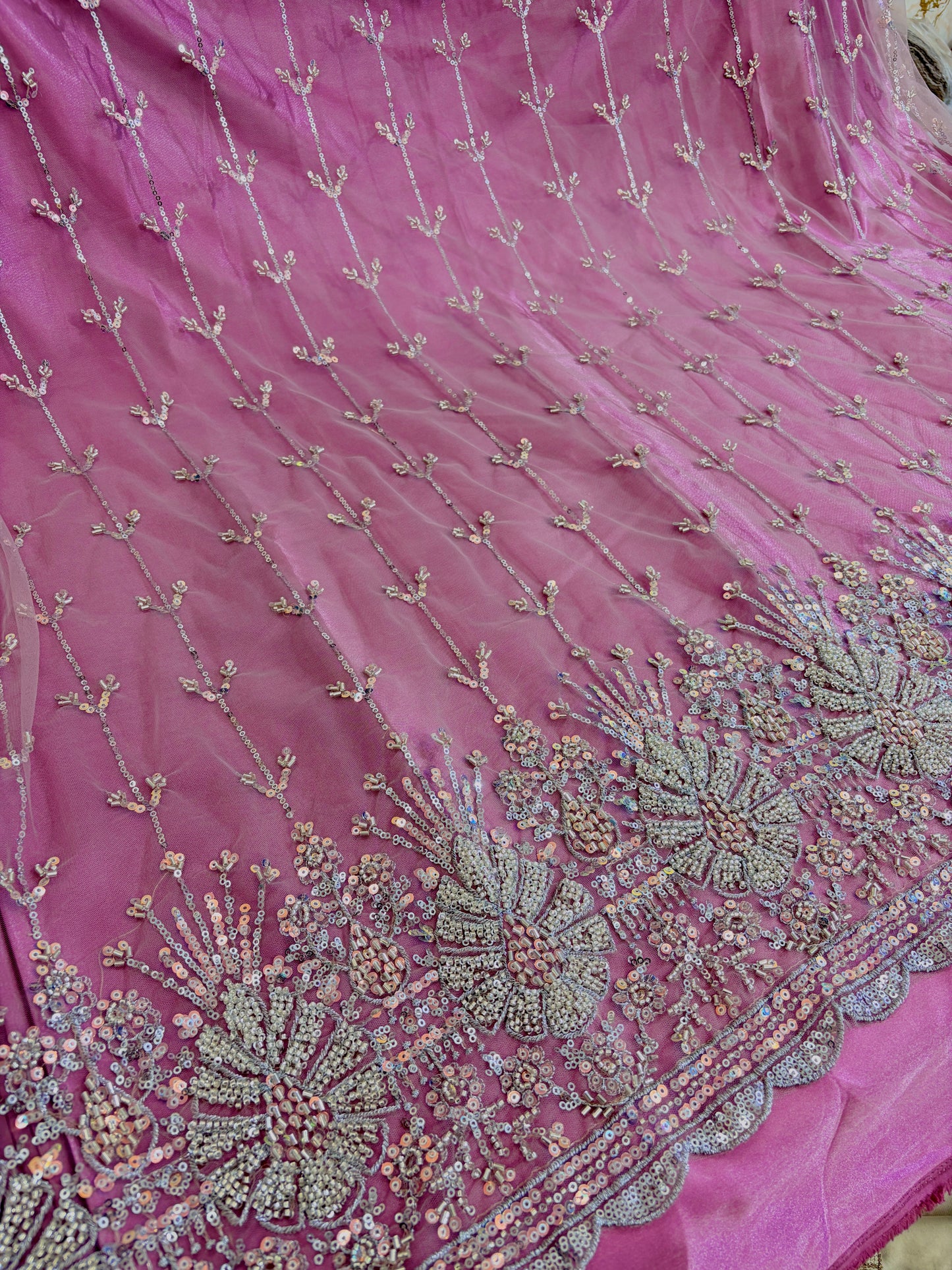 Heavy Sequin handwork net Embroidered Net Fabric for, Saree, Gown & Lehenga Design – Pink Base Designer Embroidery Fabric 50 width panna
