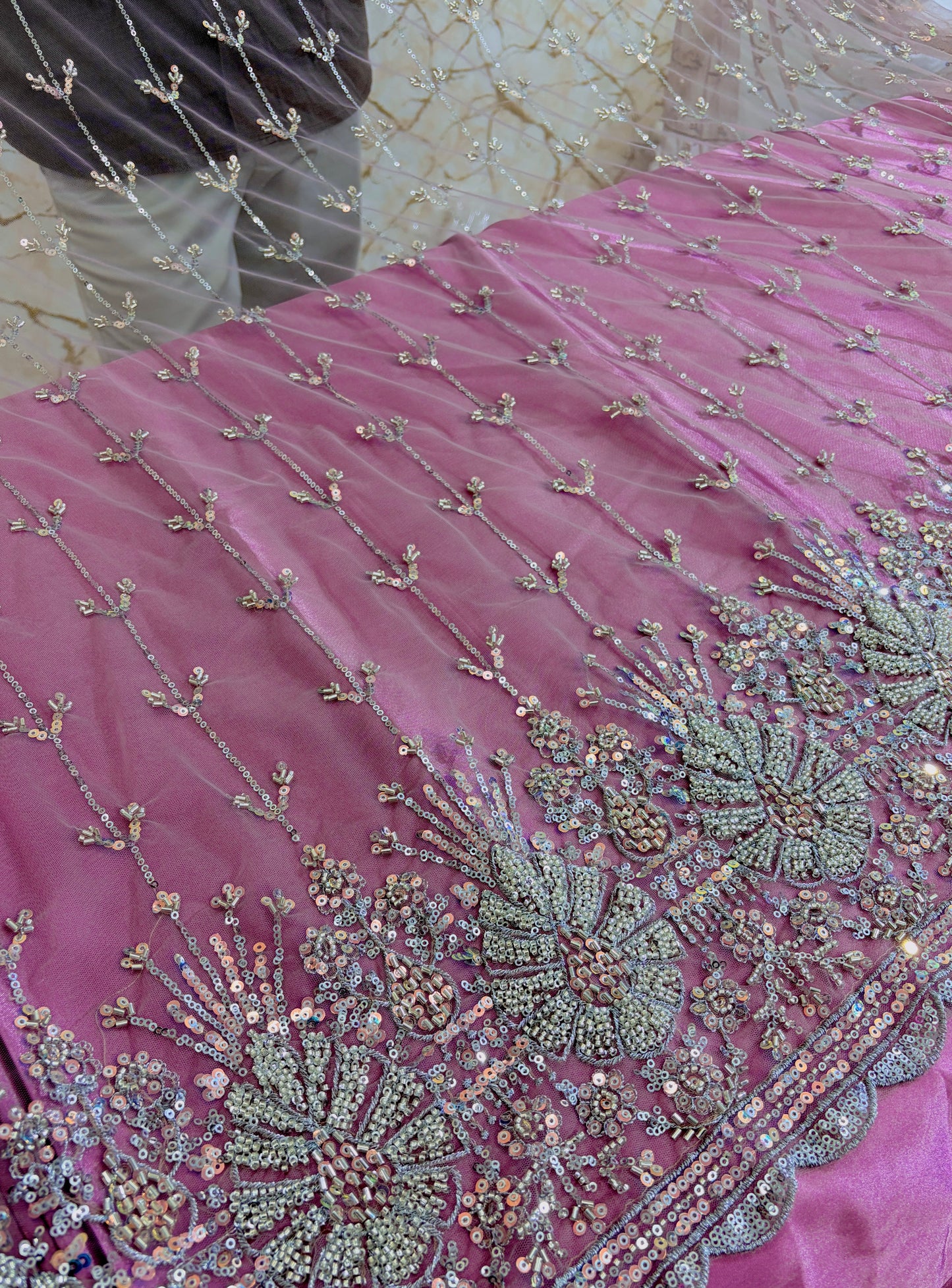 Heavy Sequin handwork net Embroidered Net Fabric for, Saree, Gown & Lehenga Design – Pink Base Designer Embroidery Fabric 50 width panna