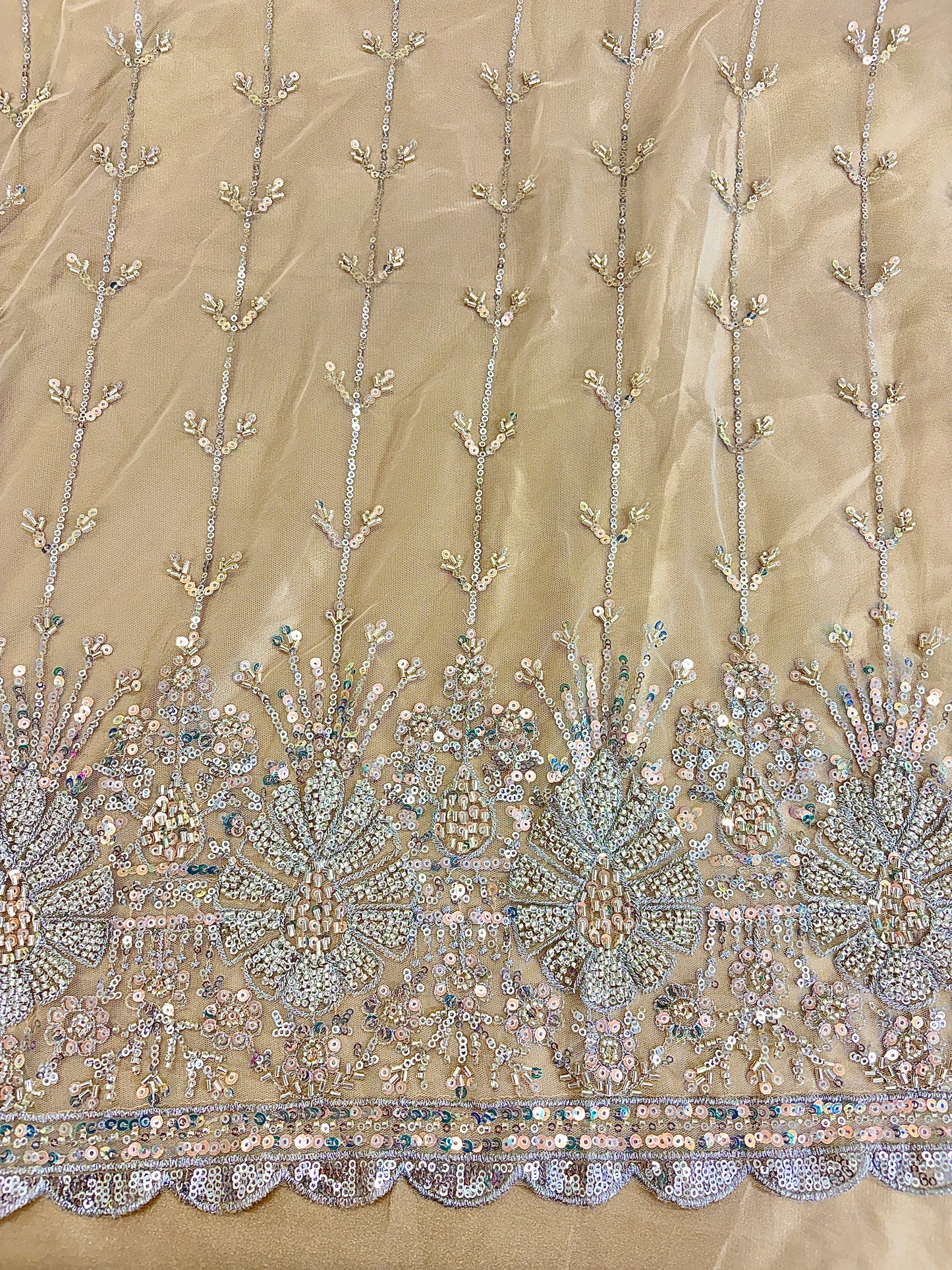 Heavy Sequin handwork net Embroidered Net Fabric for, Saree, Gown & Lehenga Design – Pink Base Designer Embroidery Fabric 50 width panna