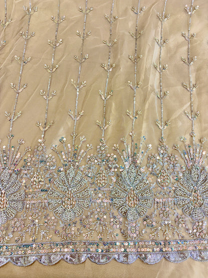 Heavy Sequin handwork net Embroidered Net Fabric for, Saree, Gown & Lehenga Design – Pink Base Designer Embroidery Fabric 50 width panna