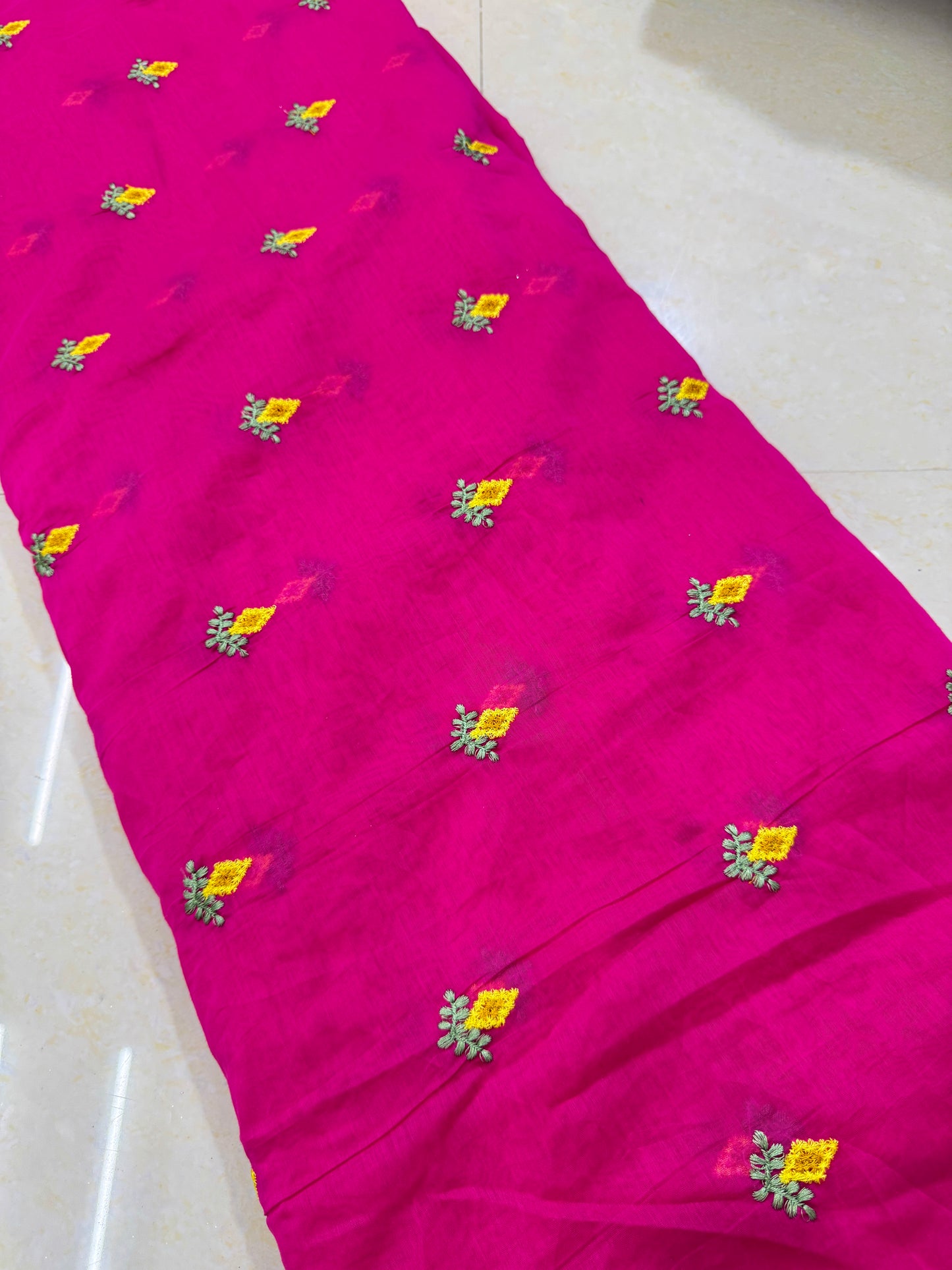 Mall chandari Embroidered Fabric with Yellow Floral Design | Soft Cotton Material for Saree, Blouse, Dress & Kurti Making | Fancy Fabric for Women’s Wear 44 width