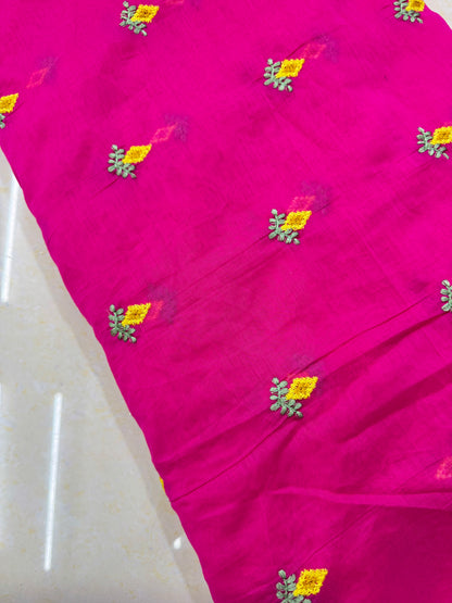Mall chandari Embroidered Fabric with Yellow Floral Design | Soft Cotton Material for Saree, Blouse, Dress & Kurti Making | Fancy Fabric for Women’s Wear 44 width