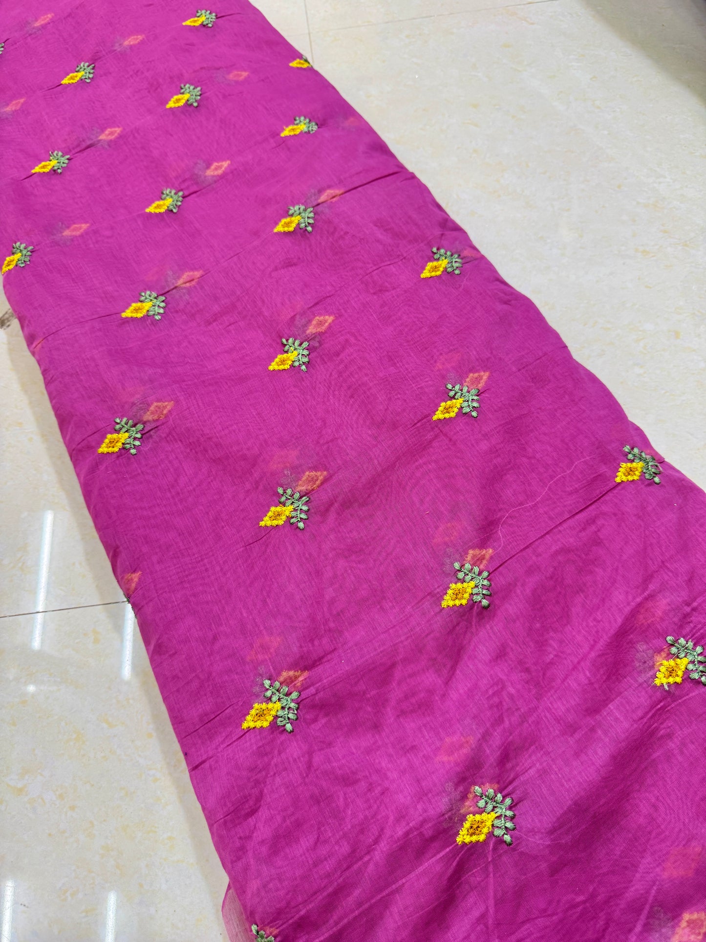 Mall chandari Embroidered Fabric with Yellow Floral Design | Soft Cotton Material for Saree, Blouse, Dress & Kurti Making | Fancy Fabric for Women’s Wear 44 width