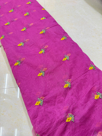Mall chandari Embroidered Fabric with Yellow Floral Design | Soft Cotton Material for Saree, Blouse, Dress & Kurti Making | Fancy Fabric for Women’s Wear 44 width