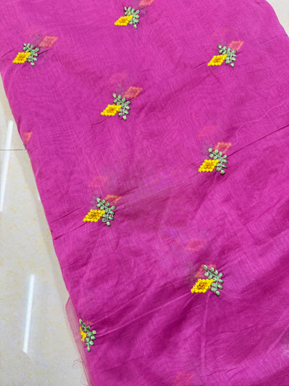 Mall chandari Embroidered Fabric with Yellow Floral Design | Soft Cotton Material for Saree, Blouse, Dress & Kurti Making | Fancy Fabric for Women’s Wear 44 width