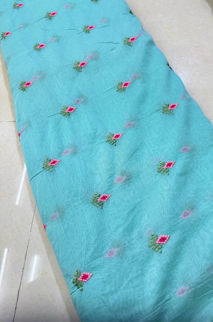 Mall chandari Embroidered Fabric with Yellow Floral Design | Soft Cotton Material for Saree, Blouse, Dress & Kurti Making | Fancy Fabric for Women’s Wear 44 width