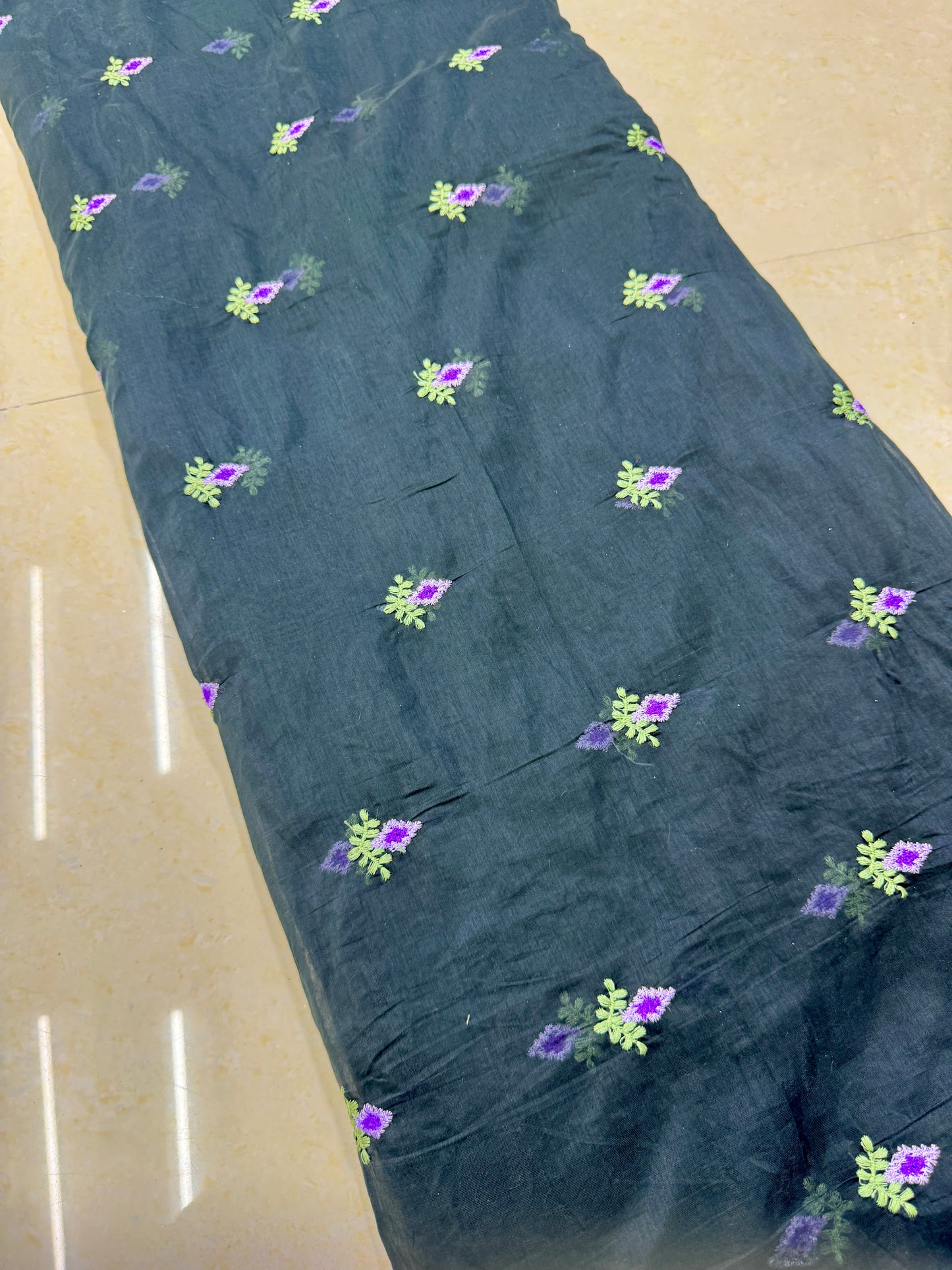 Mall chandari Embroidered Fabric with Yellow Floral Design | Soft Cotton Material for Saree, Blouse, Dress & Kurti Making | Fancy Fabric for Women’s Wear 44 width