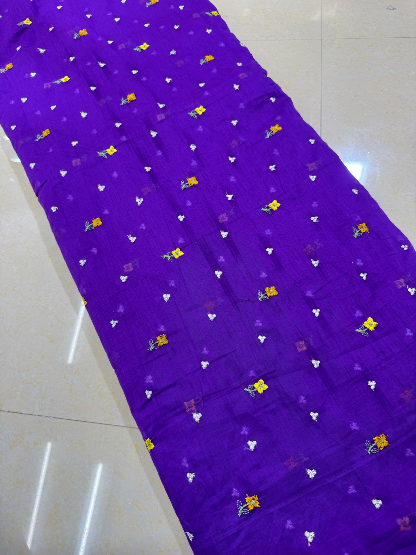 Mall chandari Embroidered Fabric with Yellow Floral Design | Soft Cotton Material for Saree, Blouse, Dress & Kurti Making | Fancy Fabric for Women’s Wear 44 width