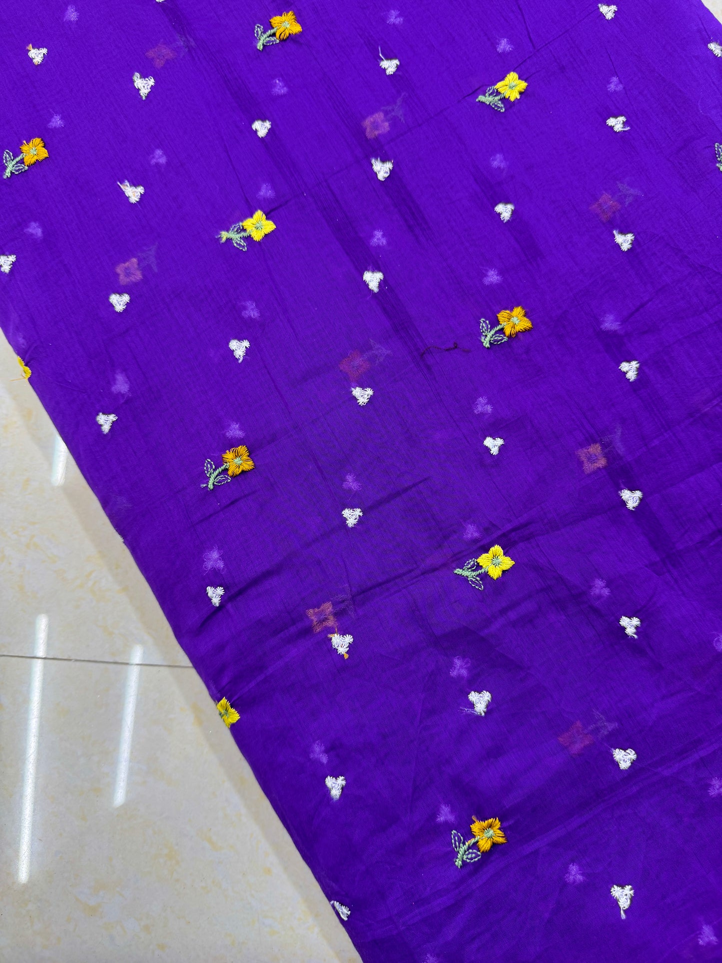 Mall chandari Embroidered Fabric with Yellow Floral Design | Soft Cotton Material for Saree, Blouse, Dress & Kurti Making | Fancy Fabric for Women’s Wear 44 width