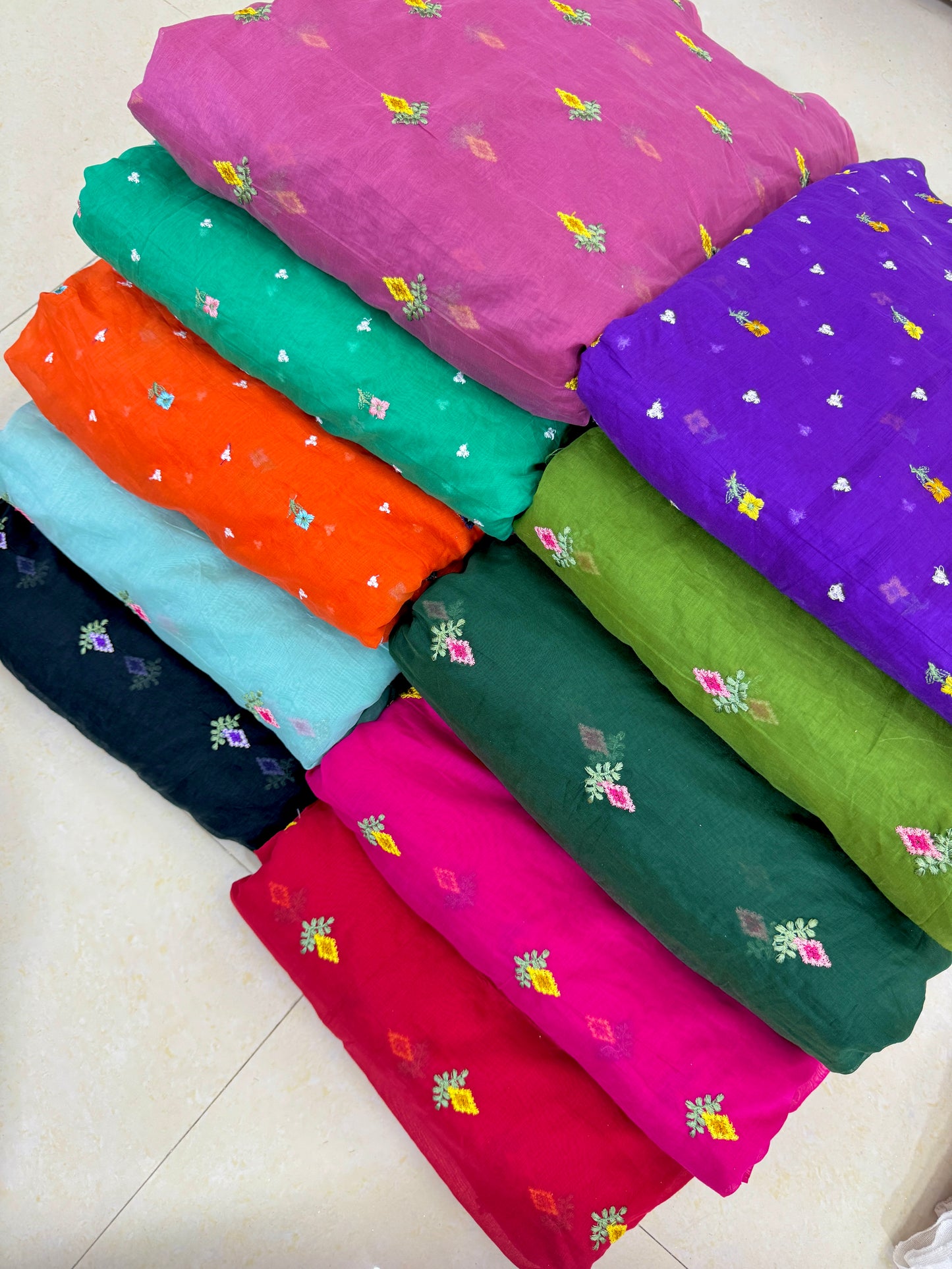 Mall chandari Embroidered Fabric with Yellow Floral Design | Soft Cotton Material for Saree, Blouse, Dress & Kurti Making | Fancy Fabric for Women’s Wear 44 width