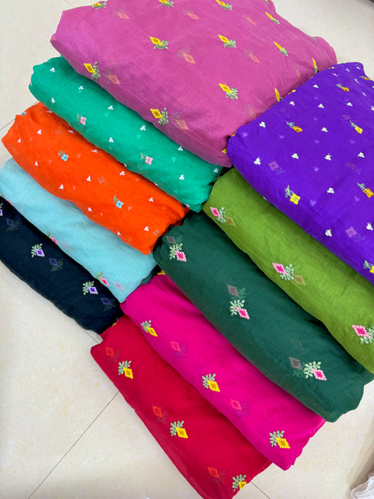 Mall chandari Embroidered Fabric with Yellow Floral Design | Soft Cotton Material for Saree, Blouse, Dress & Kurti Making | Fancy Fabric for Women’s Wear 44 width