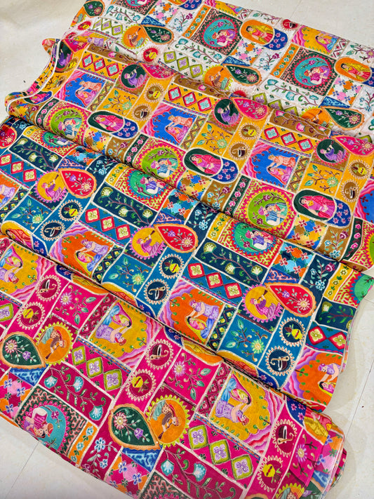 Beautiful 🥹👸🤴raja rani  Multicolor Gujarati Embroidered chinon Fabric Traditional Fabri focr Blouse,👗Lehenga, Dupatta, and Home Décor | Festive Ethnic Material( 44-45 )width