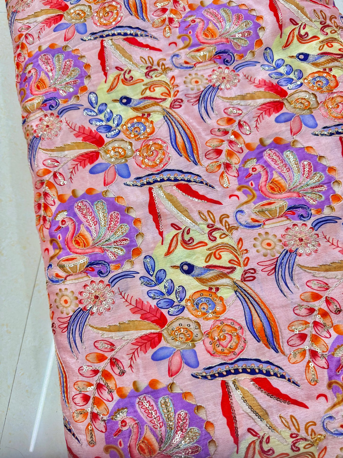 😍Chinon printed 👗🥰 Fabric with Sequins | Designer Embroidery Material for Lehenga, 🥹Saree, Blouse & Kurti | Festive Wear Fabric 44-45 width