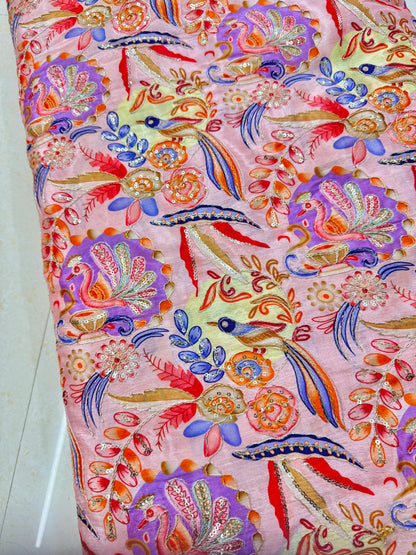 😍Chinon printed 👗🥰 Fabric with Sequins | Designer Embroidery Material for Lehenga, 🥹Saree, Blouse & Kurti | Festive Wear Fabric 44-45 width