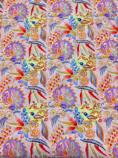 😍Chinon printed 👗🥰 Fabric with Sequins | Designer Embroidery Material for Lehenga, 🥹Saree, Blouse & Kurti | Festive Wear Fabric 44-45 width