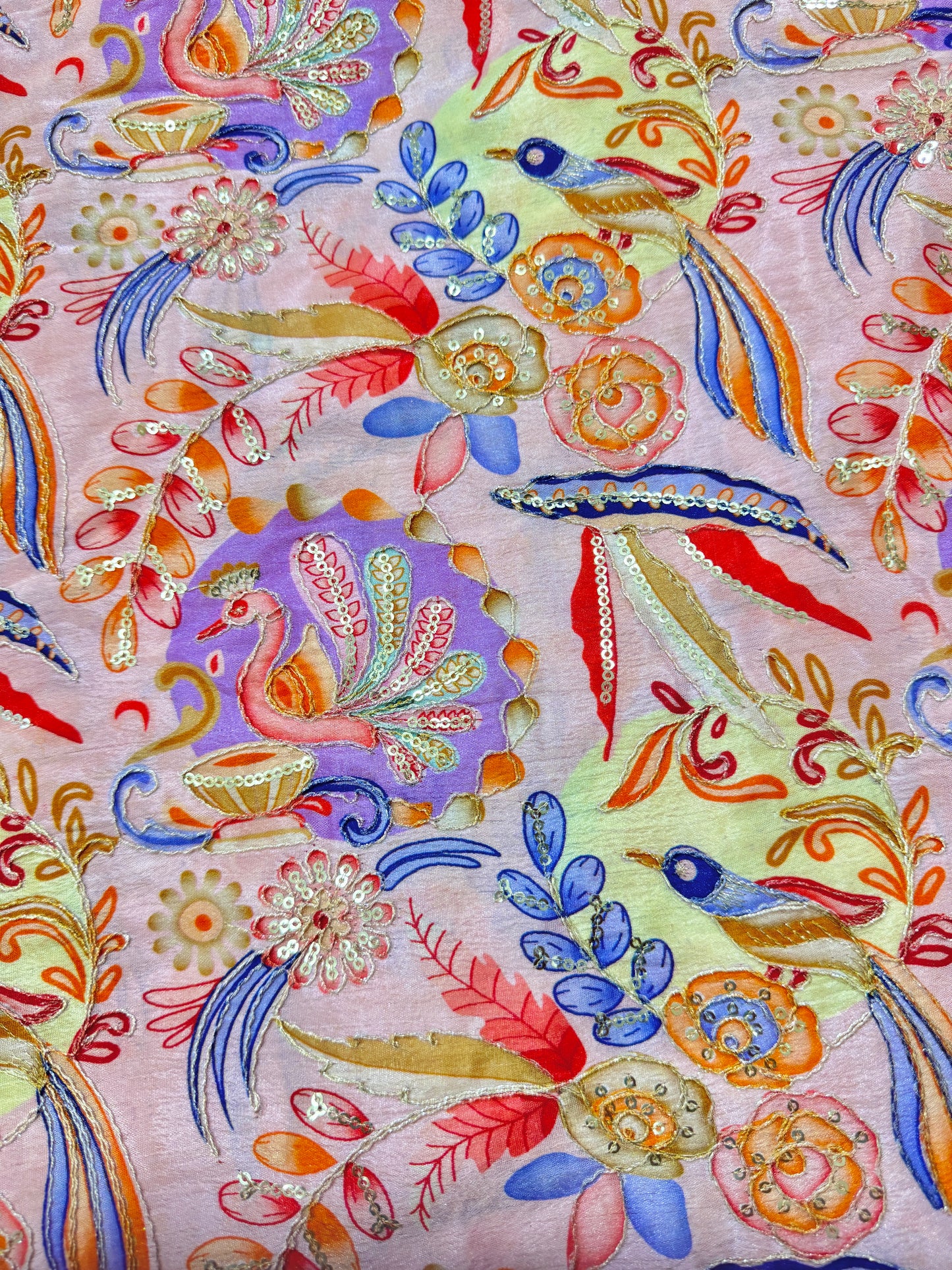 😍Chinon printed 👗🥰 Fabric with Sequins | Designer Embroidery Material for Lehenga, 🥹Saree, Blouse & Kurti | Festive Wear Fabric 44-45 width