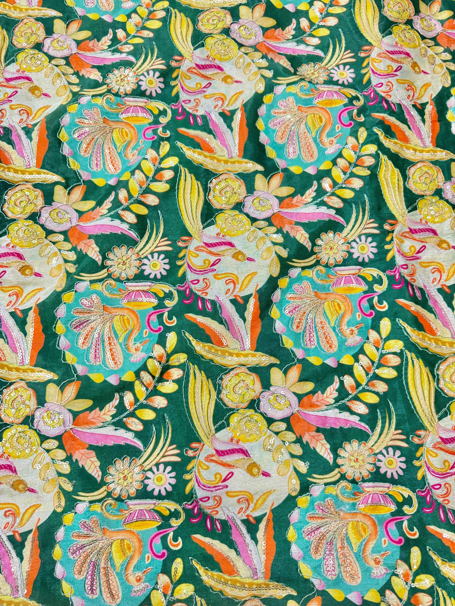 😍Chinon printed 👗🥰 Fabric with Sequins | Designer Embroidery Material for Lehenga, 🥹Saree, Blouse & Kurti | Festive Wear Fabric 44-45 width