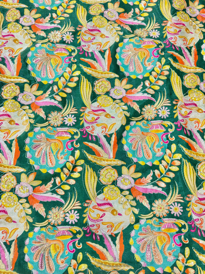 😍Chinon printed 👗🥰 Fabric with Sequins | Designer Embroidery Material for Lehenga, 🥹Saree, Blouse & Kurti | Festive Wear Fabric 44-45 width