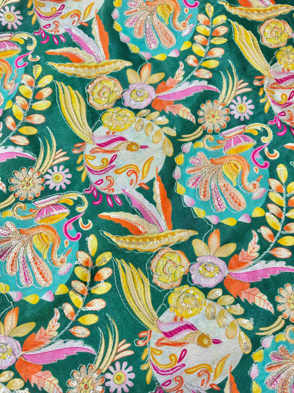 😍Chinon printed 👗🥰 Fabric with Sequins | Designer Embroidery Material for Lehenga, 🥹Saree, Blouse & Kurti | Festive Wear Fabric 44-45 width