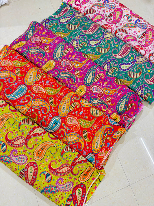 Multicolor chinon fabrics position, print Fabric for Dress, Kurti, Blouse & Home Décor | Bright Green Base Designer Fabric for Festive & Wedding Wear 44 width