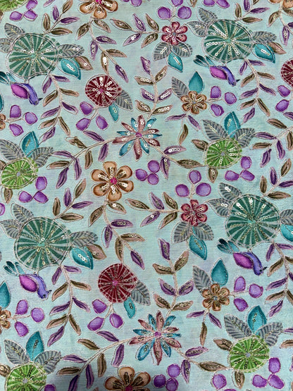 🥰 Pure Chinon Fabrics Multi Flower Print with Zari Work (44 width)