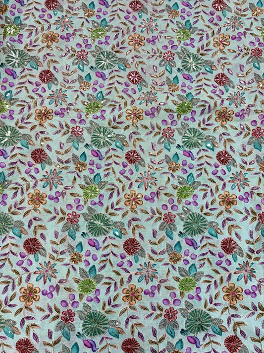 🥰 Pure Chinon Fabrics Multi Flower Print with Zari Work (44 width)