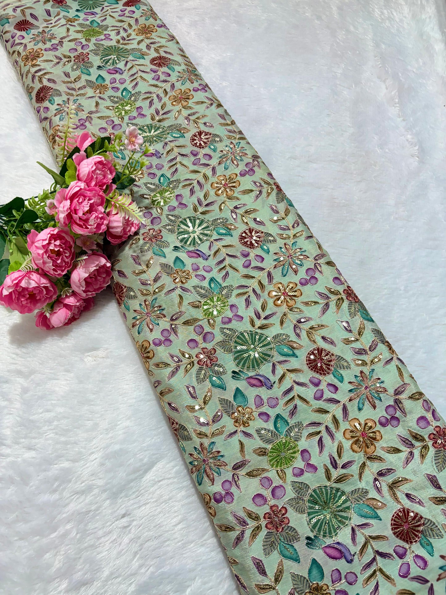 🥰 Pure Chinon Fabrics Multi Flower Print with Zari Work (44 width)