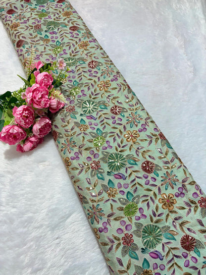 🥰 Pure Chinon Fabrics Multi Flower Print with Zari Work (44 width)